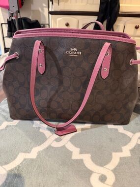 Coach Brown Signature Canvas Tote with Pink Trim and Straps
